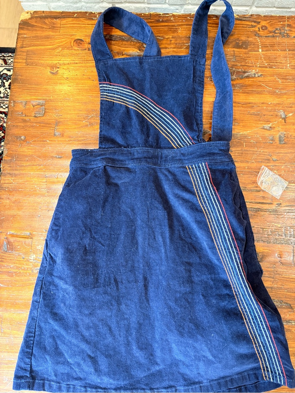 New with Tags ModCloth Navy Blue Corduroy Pinafore Dress with Rainbow Stitching